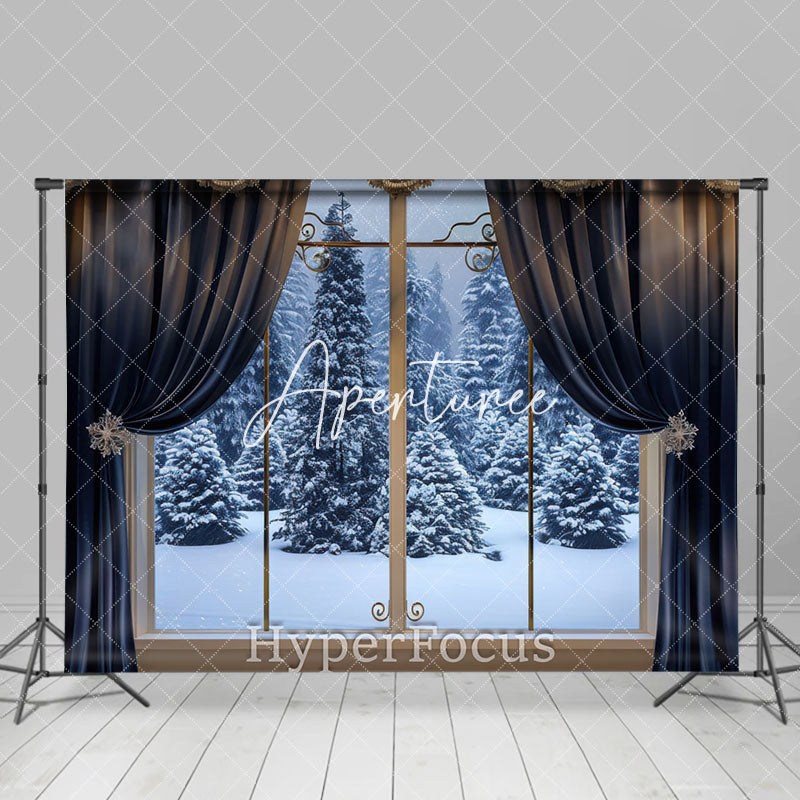 Aperturee - Aperturee Blue Curtain Window Forest Scene Winter Backdrop