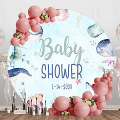 Aperturee - Aperturee Blue Cute Undersea Animals Baby Shower Round Backdrop