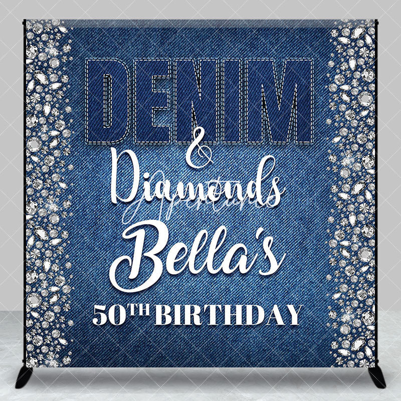 Aperturee - Aperturee Blue Denim Diamonds Custom Name 50th Birthday Backdrop