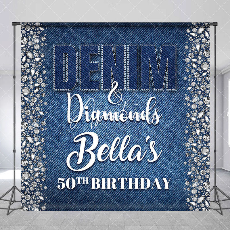 Aperturee - Aperturee Blue Denim Diamonds Custom Name 50th Birthday Backdrop