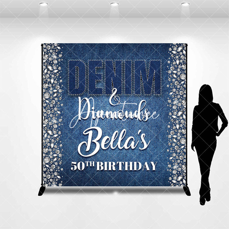 Aperturee - Aperturee Blue Denim Diamonds Custom Name 50th Birthday Backdrop