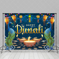 Aperturee - Aperturee Blue Diyas Lanterns Sparkle Happy Diwali Backdrop