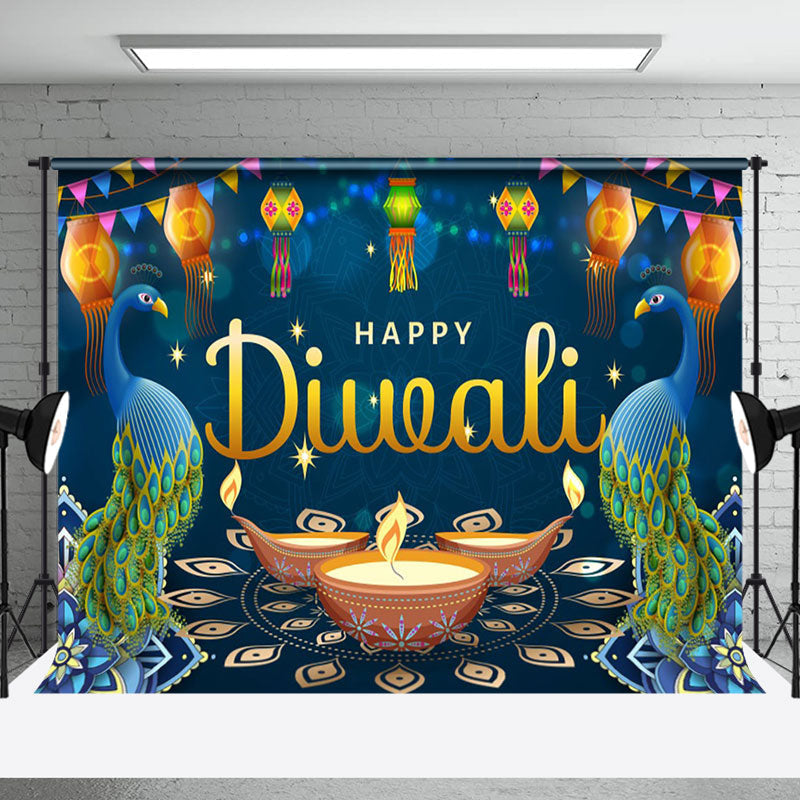 Aperturee - Aperturee Blue Diyas Lanterns Sparkle Happy Diwali Backdrop