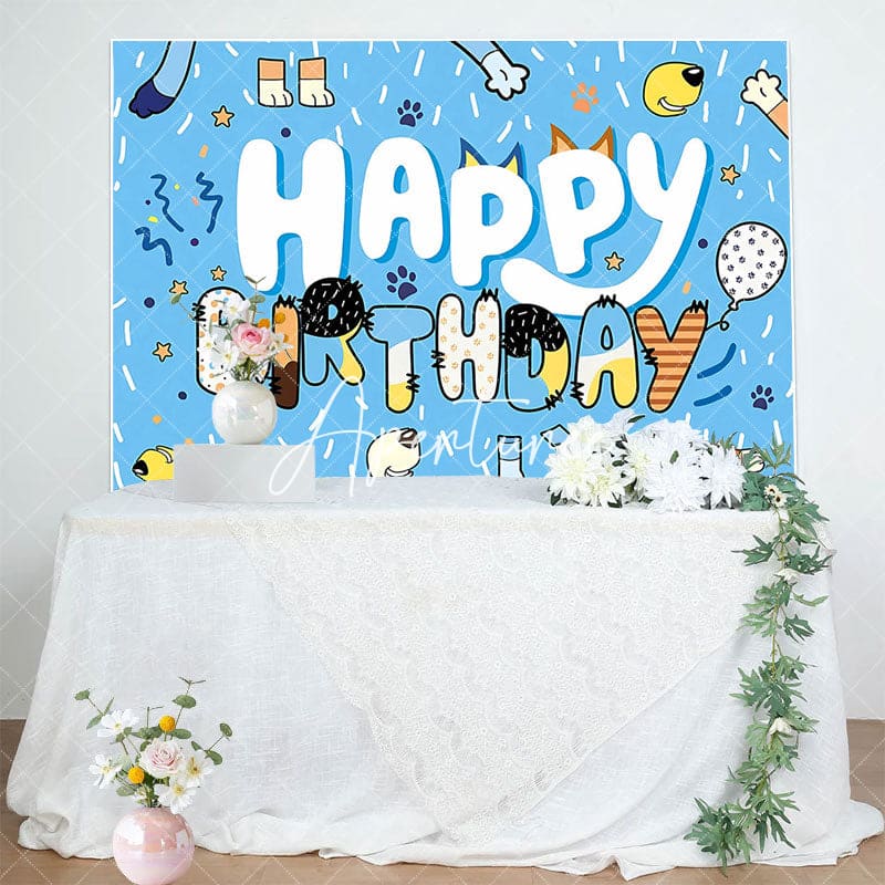 Aperturee - Aperturee Blue Dogs Pet Ribbons Cartoon Happy Birthday Backdrop