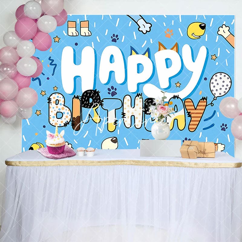 Aperturee - Aperturee Blue Dogs Pet Ribbons Cartoon Happy Birthday Backdrop