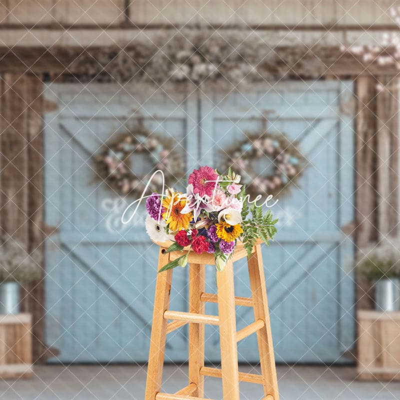 Aperturee - Aperturee Blue Door Wreath Eggs Easter Photography Backdrop