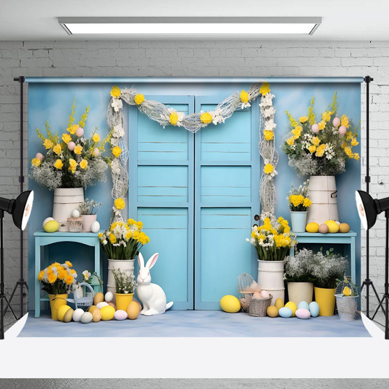 Aperturee - Aperturee Blue Door Yellow Floral Bunny Eggs Easter Backdrop