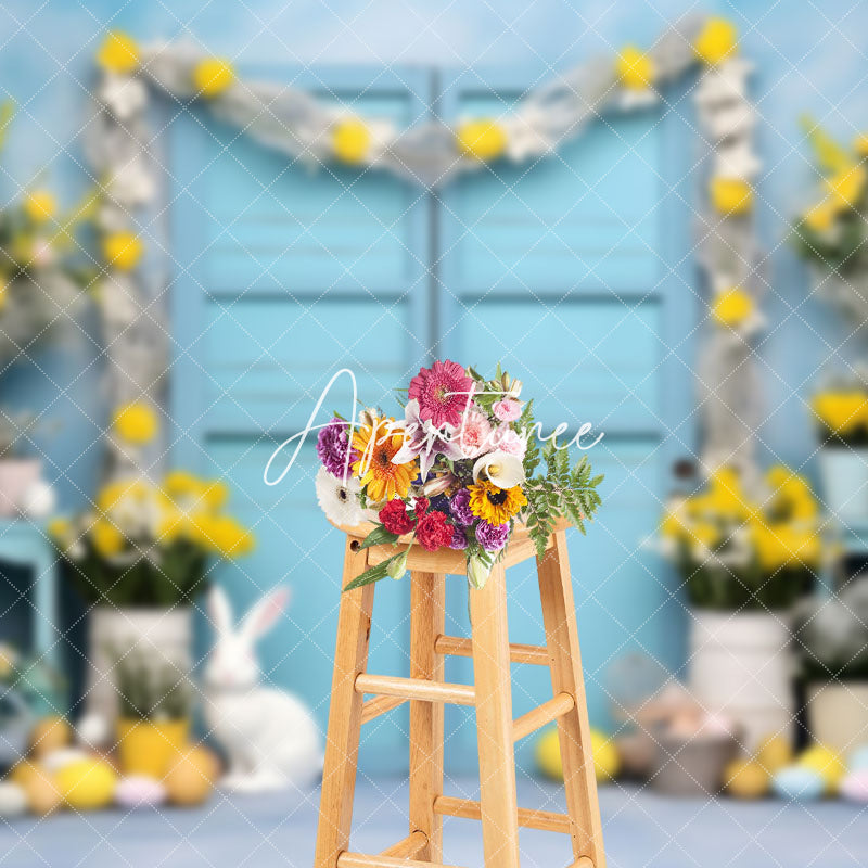 Aperturee - Aperturee Blue Door Yellow Floral Bunny Eggs Easter Backdrop