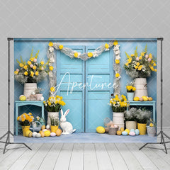 Aperturee - Aperturee Blue Door Yellow Floral Bunny Eggs Easter Backdrop