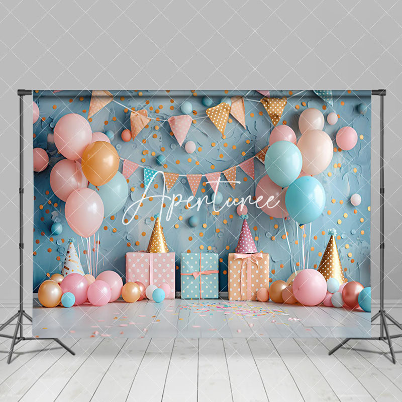 Aperturee - Aperturee Blue Dots Wall Balloons Gift Box Cake Smash Backdrop