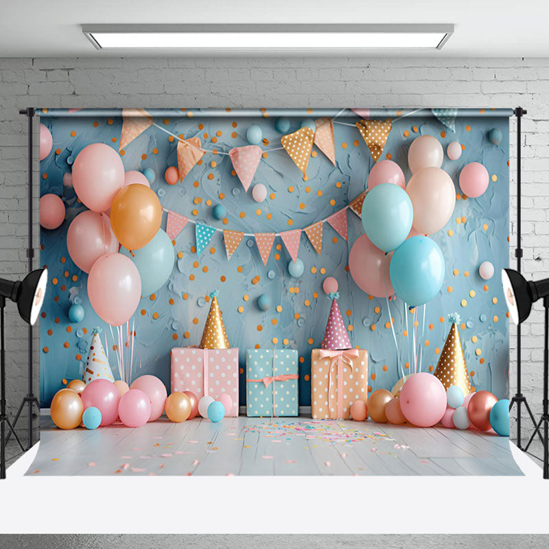 Aperturee - Aperturee Blue Dots Wall Balloons Gift Box Cake Smash Backdrop