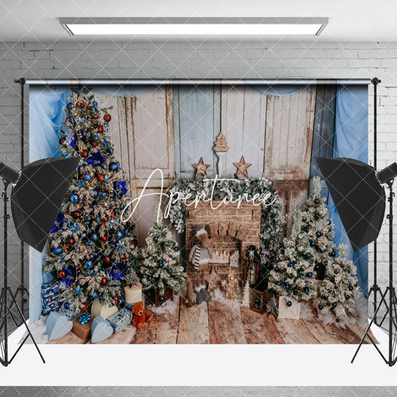 Aperturee - Aperturee Blue Drapes Brick Fireplace Wood Christmas Backdrop