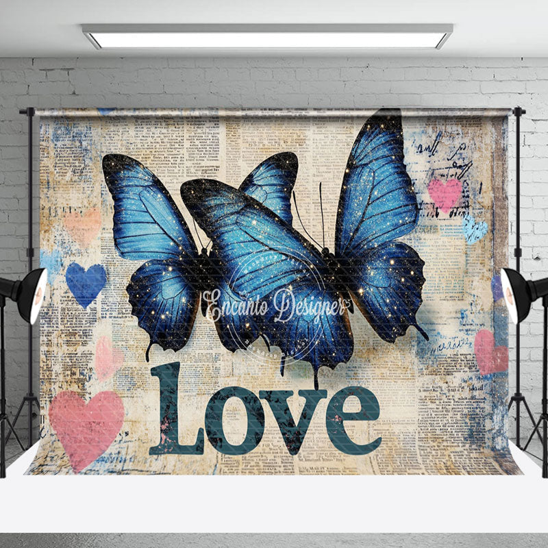 Aperturee - Aperturee Blue Elegant Butterfly Retro Newspaper Backdrop