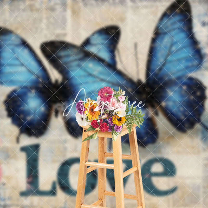 Aperturee - Aperturee Blue Elegant Butterfly Retro Newspaper Backdrop