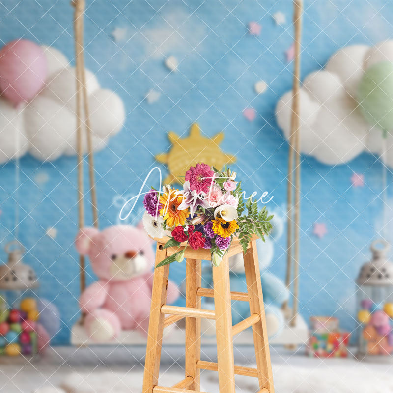 Aperturee - Aperturee Blue Fairy Swing Bear Balloons Cake Smash Backdrop