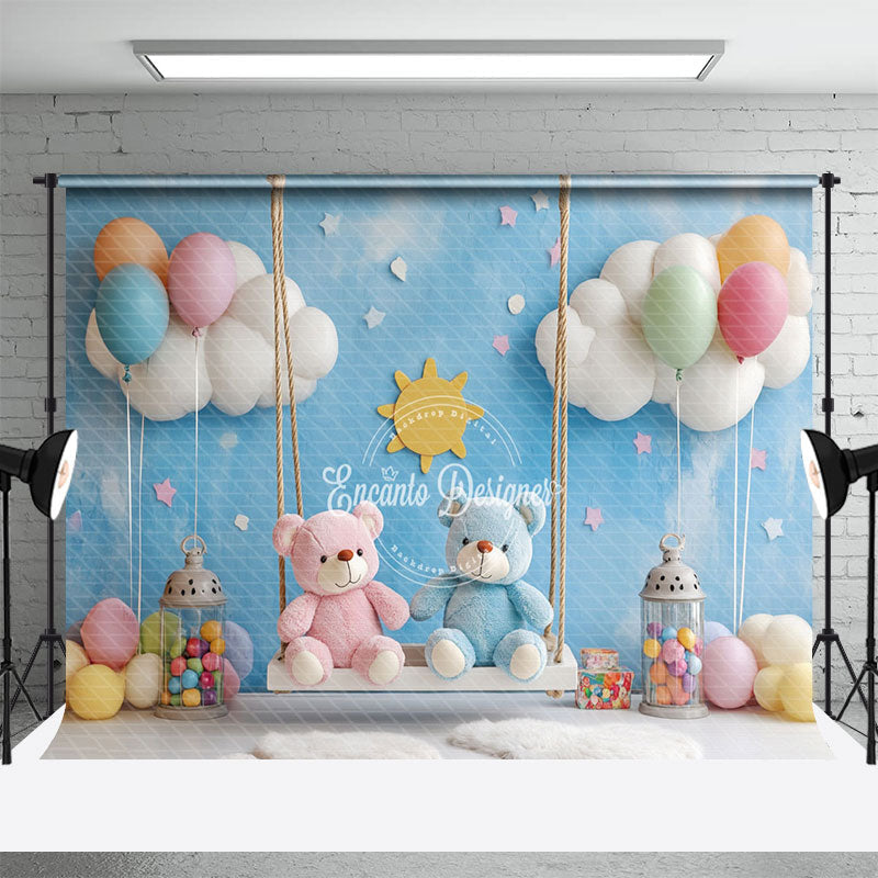 Aperturee - Aperturee Blue Fairy Swing Bear Balloons Cake Smash Backdrop