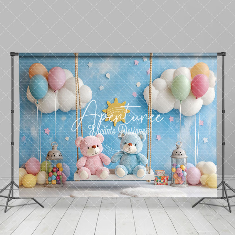 Aperturee - Aperturee Blue Fairy Swing Bear Balloons Cake Smash Backdrop