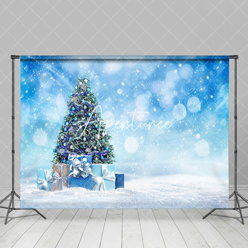 Aperturee - Aperturee Blue Fantasy Bokeh Snow Christmas Tree Gift Backdrop