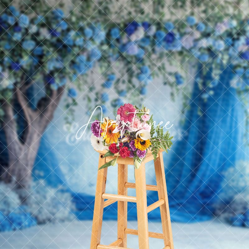 Aperturee - Aperturee Blue Floral Tree Curtain Romantic Wedding Backdrop