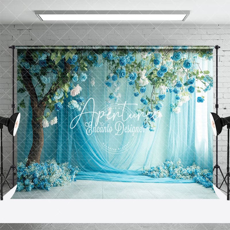 Aperturee - Aperturee Blue Floral Wedding Curtain Backdrop For Photography