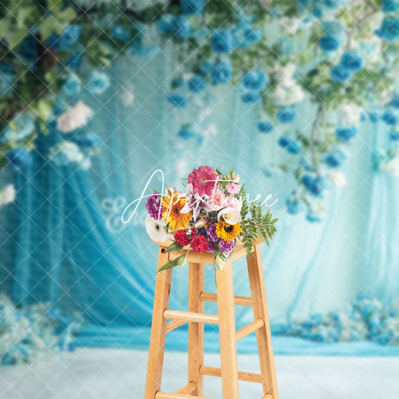 Aperturee - Aperturee Blue Floral Wedding Curtain Backdrop For Photography