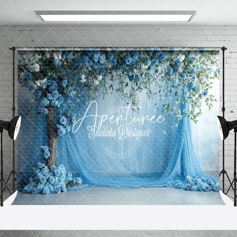 Aperturee - Aperturee Blue Floral Wedding Curtain Spring Studio Backdrop