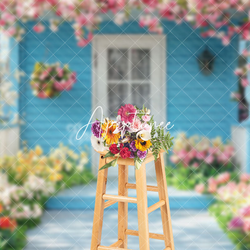 Aperturee - Aperturee Blue Garden Cabin Colorful Spring Floral Backdrop