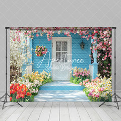 Aperturee - Aperturee Blue Garden Cabin Colorful Spring Floral Backdrop