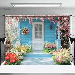 Aperturee - Aperturee Blue Garden Cabin Colorful Spring Floral Backdrop