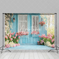 Aperturee - Aperturee Blue Garden Cabin Floral Vine Spring Photo Backdrop