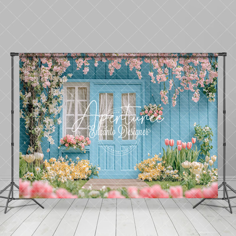 Aperturee - Aperturee Blue Garden House Greenery Floral Spring Backdrop