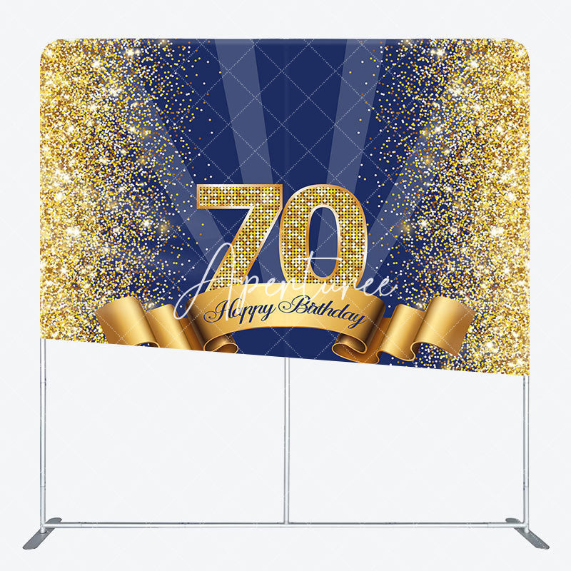 Aperturee - Aperturee Blue Gold Glitter 70th Birthday Pillow Cover Backdrop