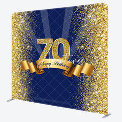 Aperturee - Aperturee Blue Gold Glitter 70th Birthday Pillow Cover Backdrop