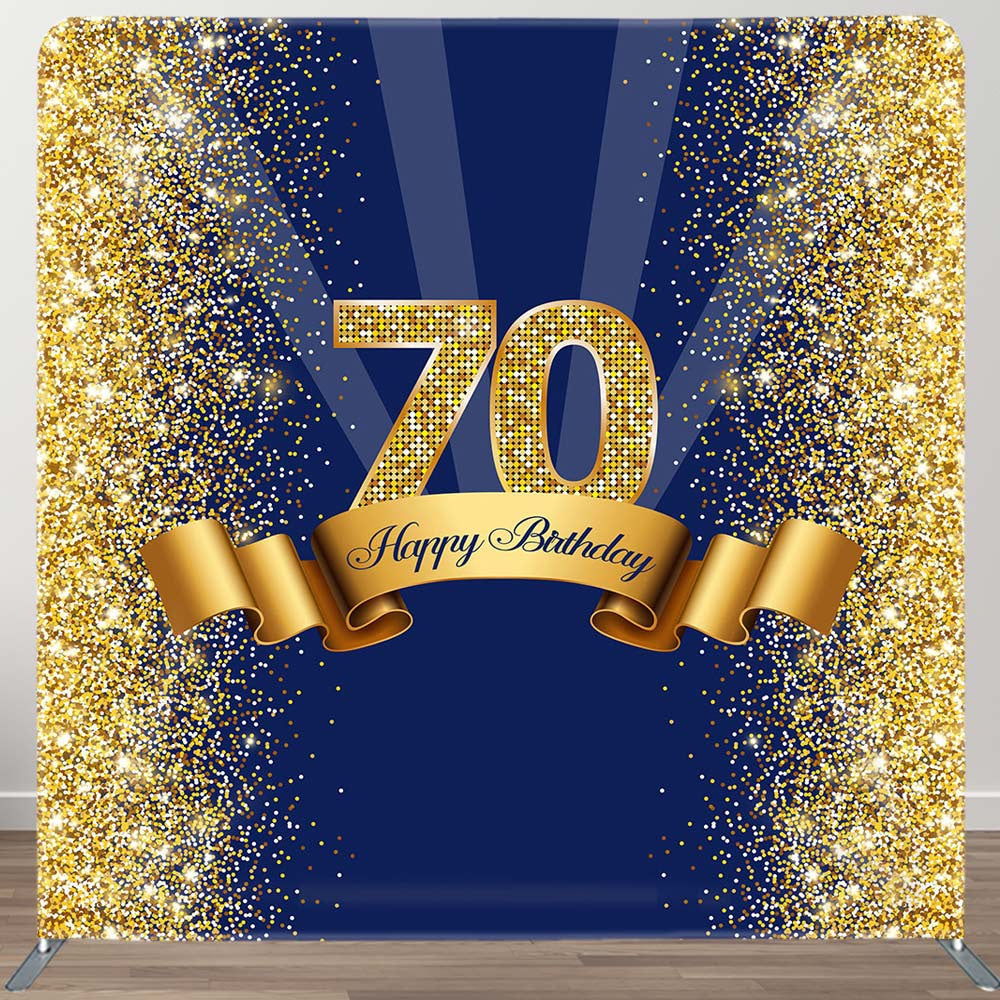 Aperturee - Aperturee Blue Gold Glitter 70th Birthday Pillow Cover Backdrop