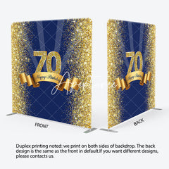 Aperturee - Aperturee Blue Gold Glitter 70th Birthday Pillow Cover Backdrop