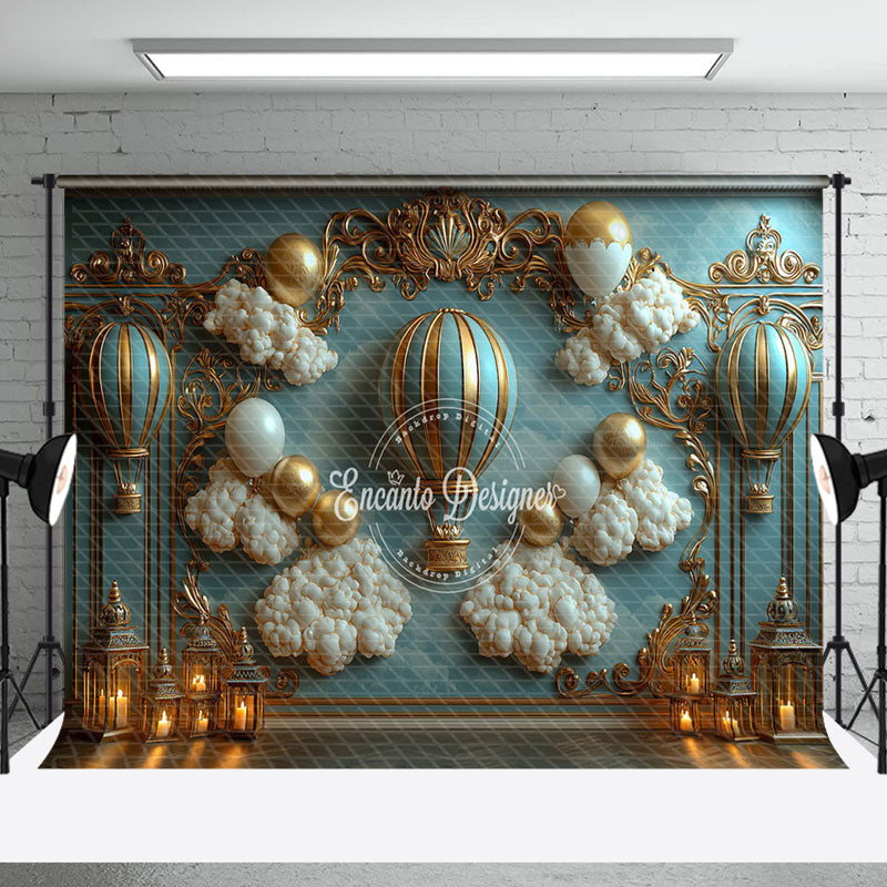 Aperturee - Aperturee Blue Gold Luxury Balloons Cloud Cake Smash Backdrop