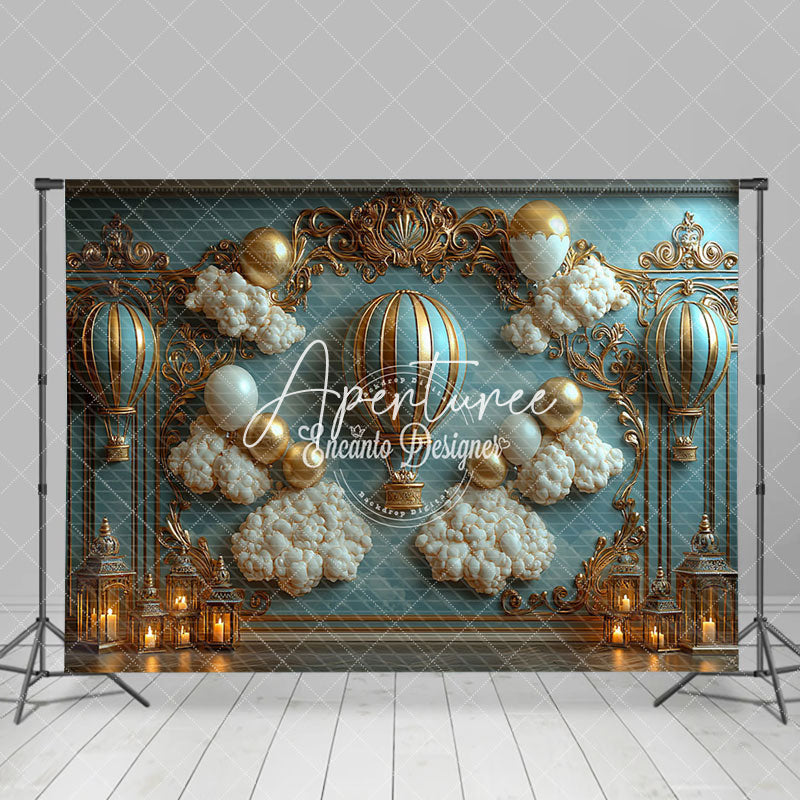 Aperturee - Aperturee Blue Gold Luxury Balloons Cloud Cake Smash Backdrop