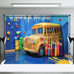 Aperturee - Aperturee Blue Graffiti Wall Bus Back To School Photo Backdrop