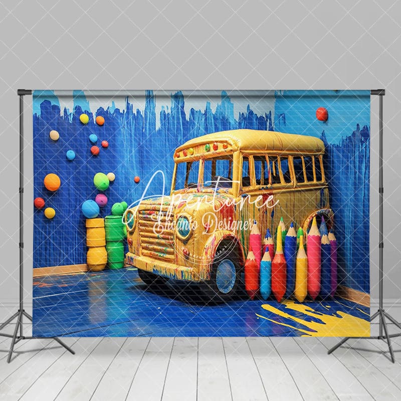 Aperturee - Aperturee Blue Graffiti Wall Bus Back To School Photo Backdrop