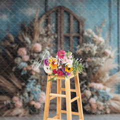 Aperturee - Aperturee Blue Grey Wall Wood Door Boho Floral Wedding Backdrop