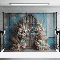 Aperturee - Aperturee Blue Grey Wall Wood Door Boho Floral Wedding Backdrop