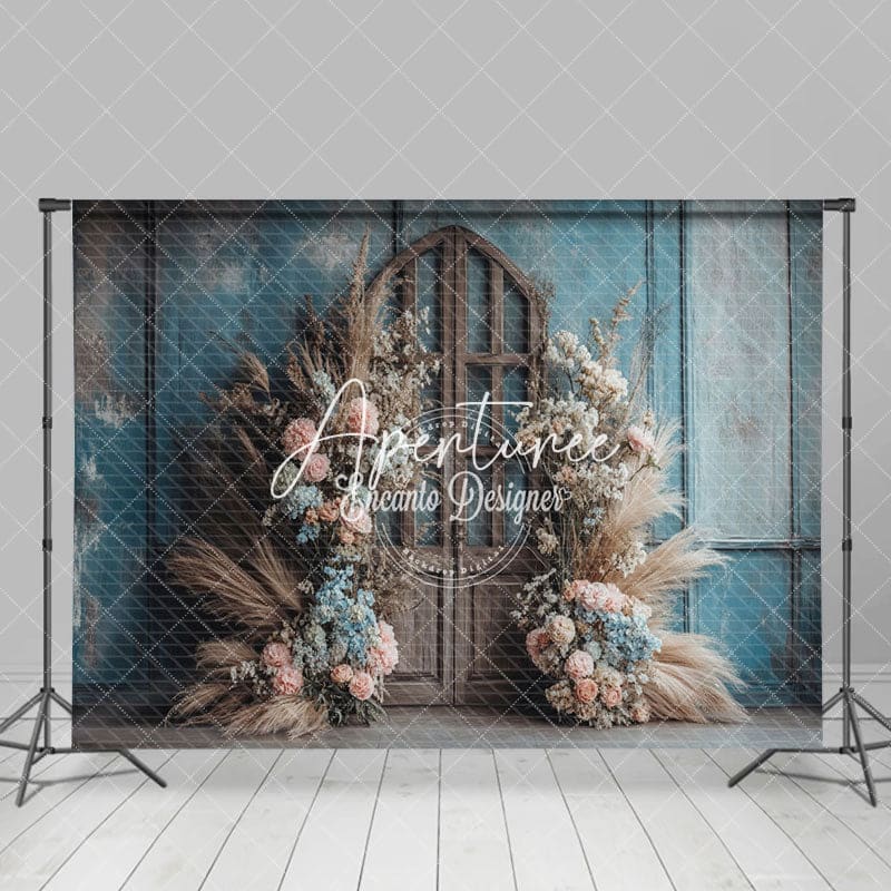 Aperturee - Aperturee Blue Grey Wall Wood Door Boho Floral Wedding Backdrop