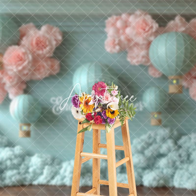 Aperturee - Aperturee Blue Hot Air Balloon Bloom Flowers Birthday Backdrop