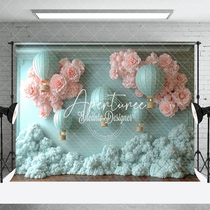 Aperturee - Aperturee Blue Hot Air Balloon Bloom Flowers Birthday Backdrop