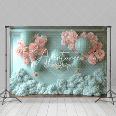 Aperturee - Aperturee Blue Hot Air Balloon Bloom Flowers Birthday Backdrop