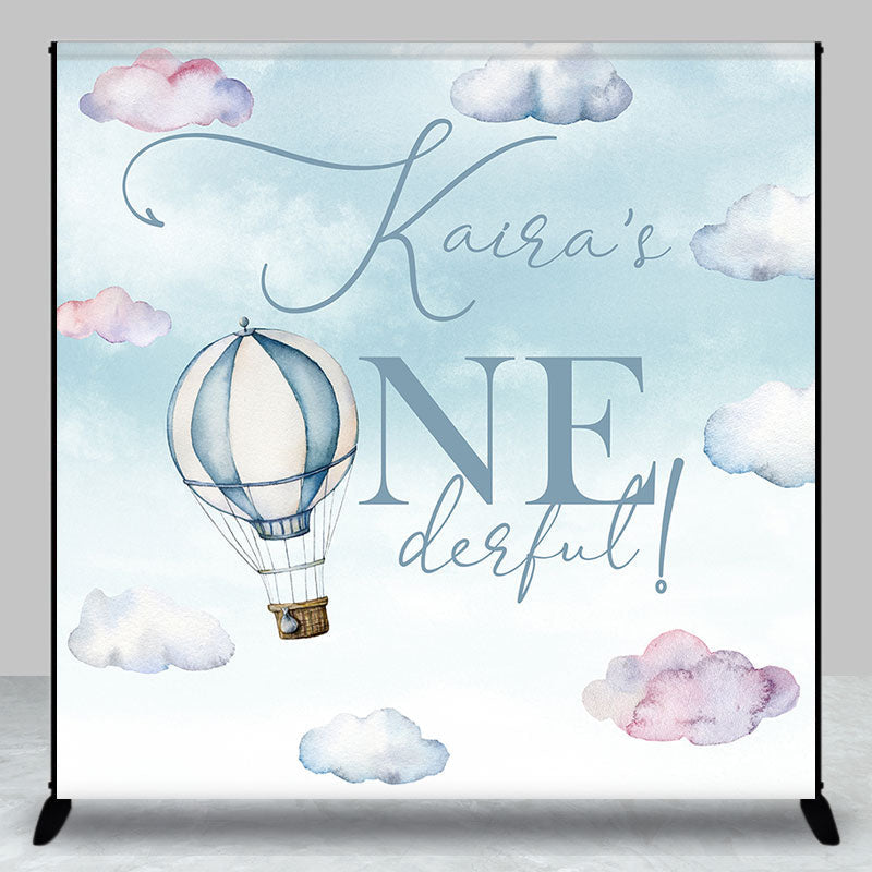 Aperturee - Aperturee Blue Hot Air Balloon Custom Name Onederful Backdrop