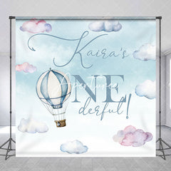 Aperturee - Aperturee Blue Hot Air Balloon Custom Name Onederful Backdrop