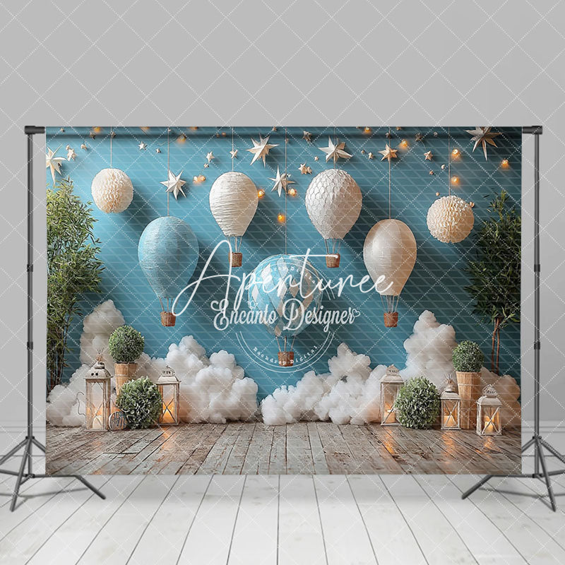 Aperturee - Aperturee Blue Hot Air Balloon Starry Wall Cake Smash Backdrop