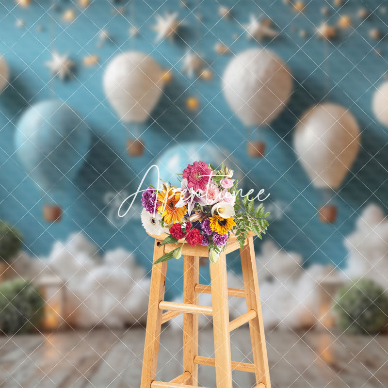 Aperturee - Aperturee Blue Hot Air Balloon Starry Wall Cake Smash Backdrop