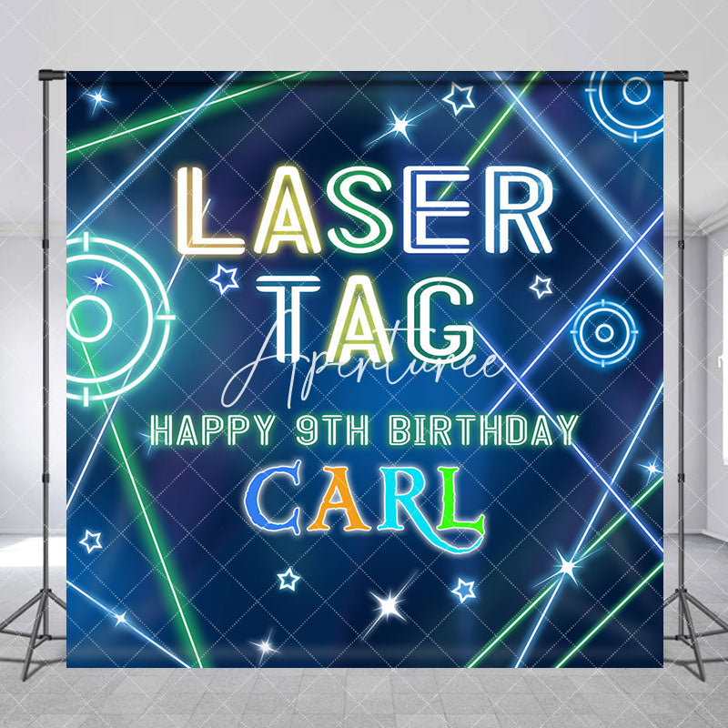 Aperturee - Aperturee Blue Laser Tag Game Custom Name 9th Birthday Backdrop